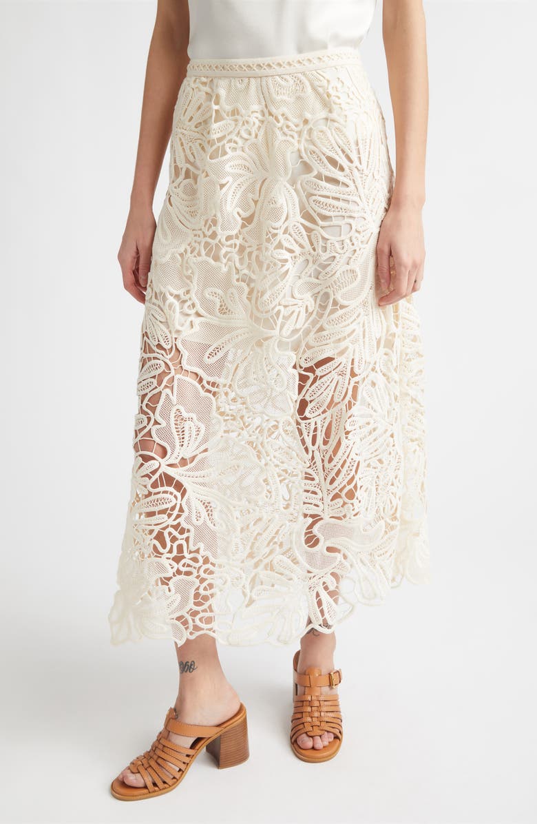 Ulla Johnson Gallina Corded Lace Midi Skirt, Main, color, Chalk
