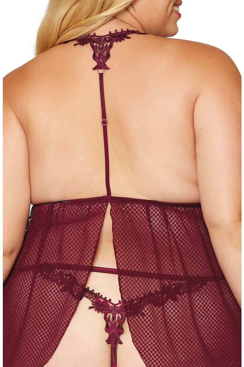 Lace Trim Mesh Babydoll Chemise & G-String Thong, Alternate, color, BURGUNDY