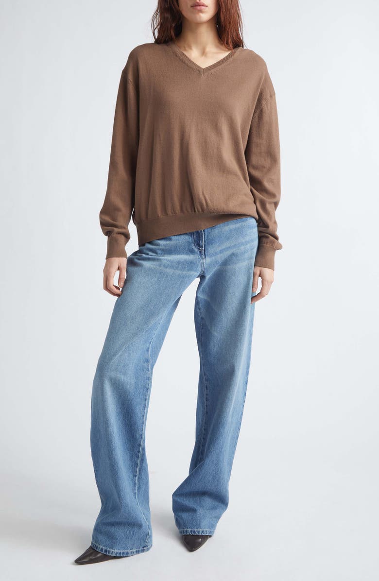 JULIE KEGELS Glitter Elbow Patch Cotton & Cashmere Sweater, Alternate, color, Brown