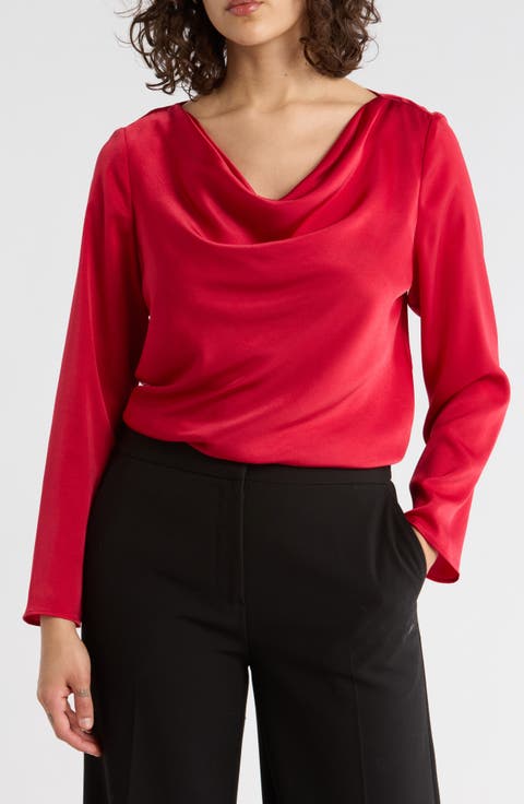 Cowl Neck Long Sleeve Satin Top