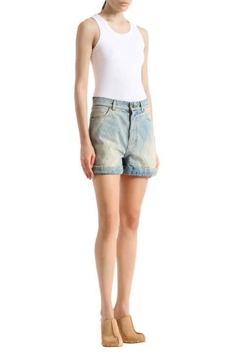 Topstitched denim shorts