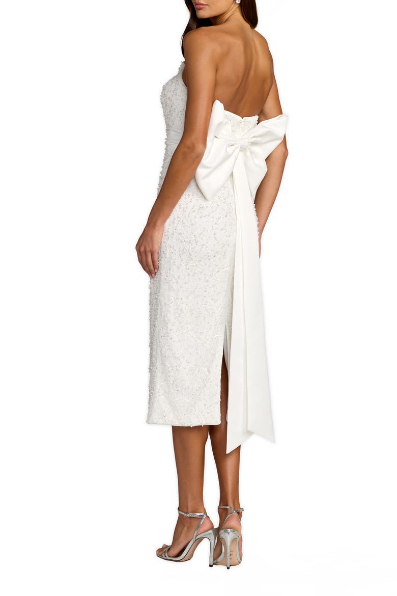 Beaded Lace Strapless Bow Detail Fitted Midi Dress, Alternate, color, Ivory