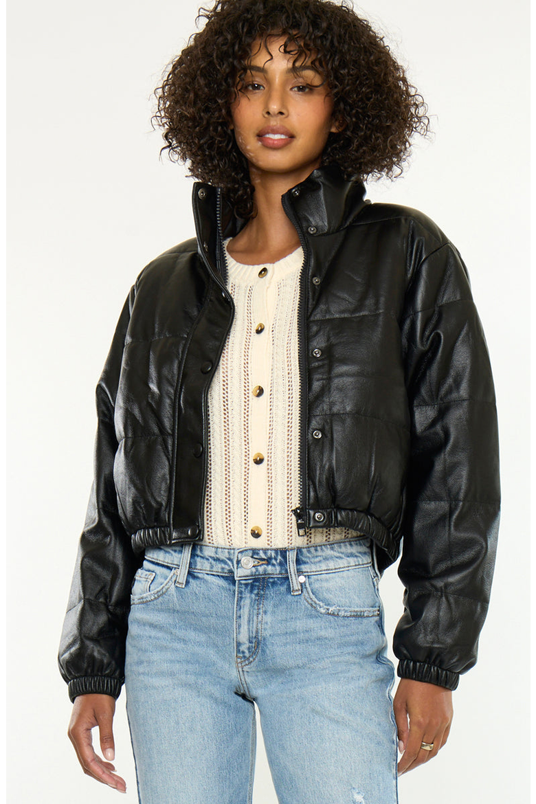 Taylor Cropped Faux Leather Puffer Jacket, Alternate, color, Black