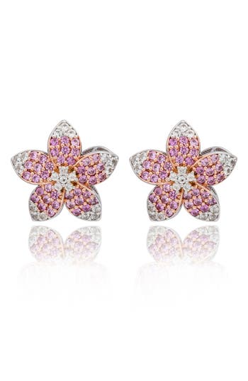 Suzy Levian Sterling Silver Pink Sapphire Created White Sapphire Flower Earrings In Pink