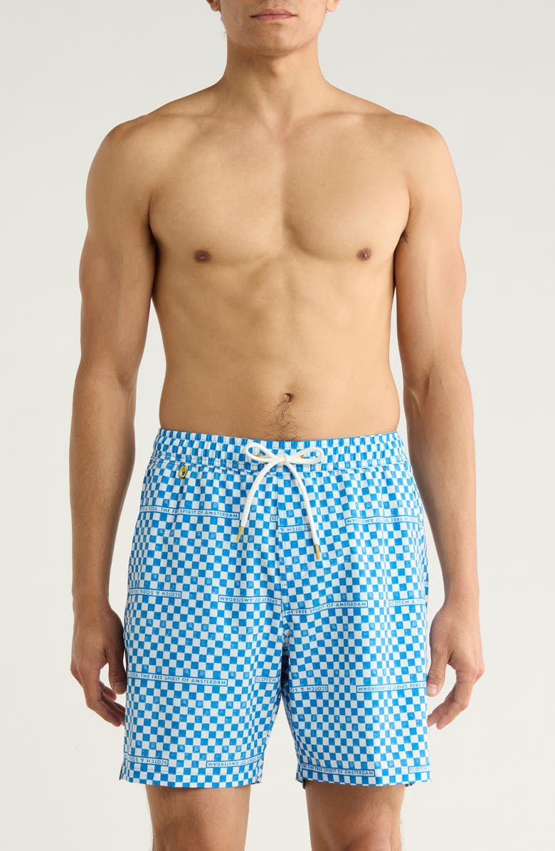 Scotch & Soda Checker Print Swim Trunks, Main, color, Campanula