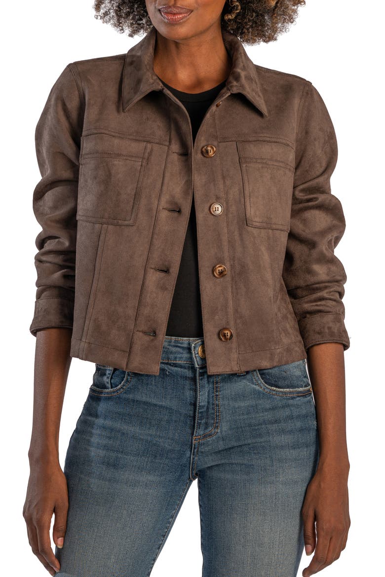 Matilda Crop Faux Suede Trucker Jacket, Main, color, ALMOND