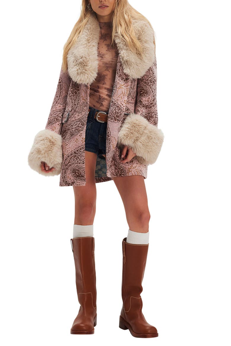 Free People Mercer Faux Fur Trim Tapestry Coat (Women) | Nordstrom