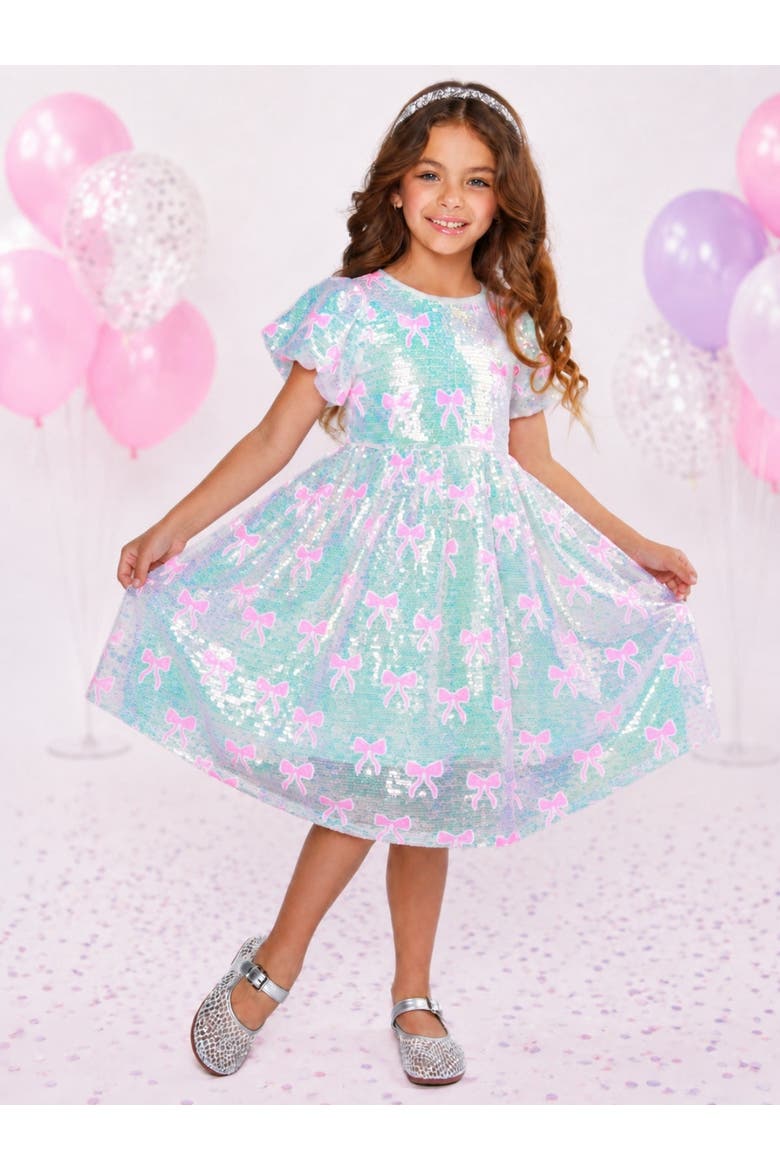 Sweet Sparkle Bow Sequin Puff Sleeve Dress, Alternate, color, White