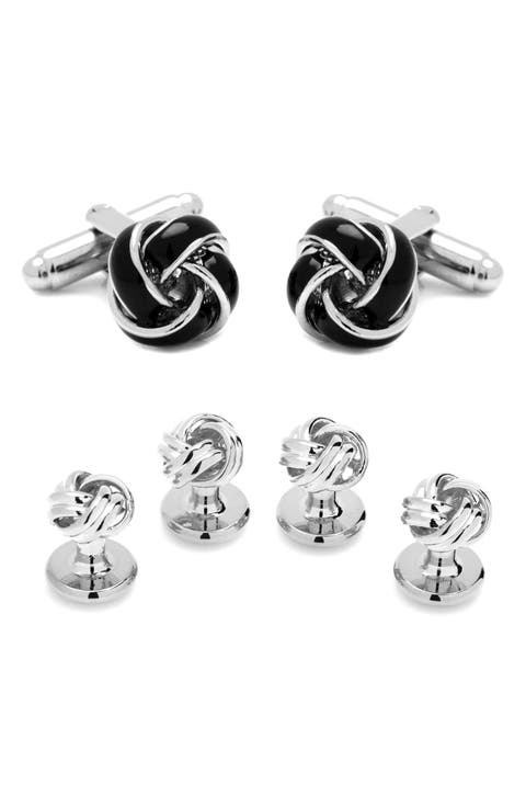 Black and Silver Knot Cuff Links 
Studs Set