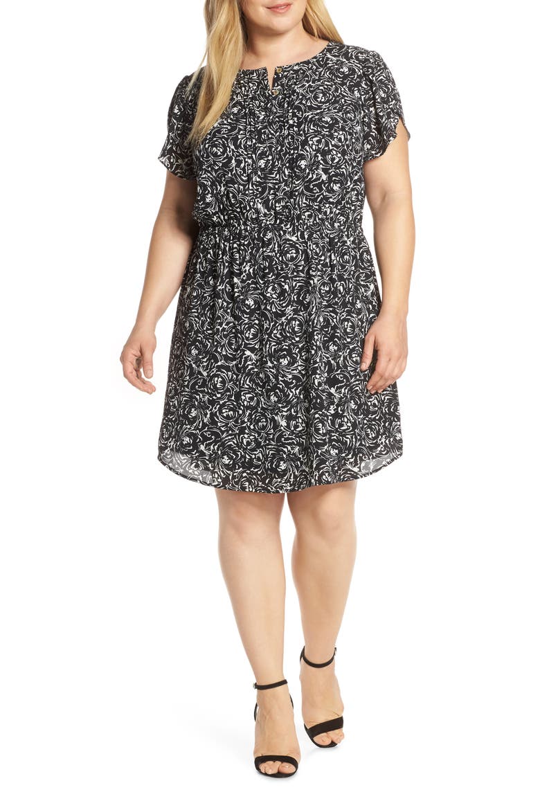 Daniel Rainn Print Pleat Front Dress, Alternate, color, BLACK WITH FLOWERS