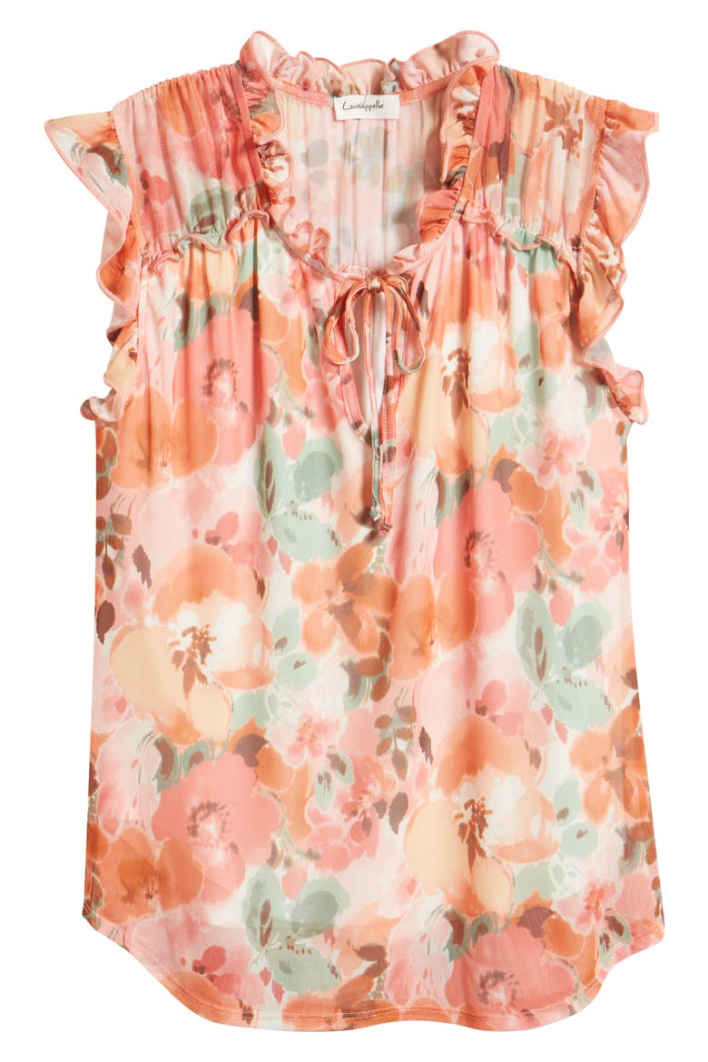 Floral Ruffle Trim Split Neck Top, Alternate, color, BLUSH