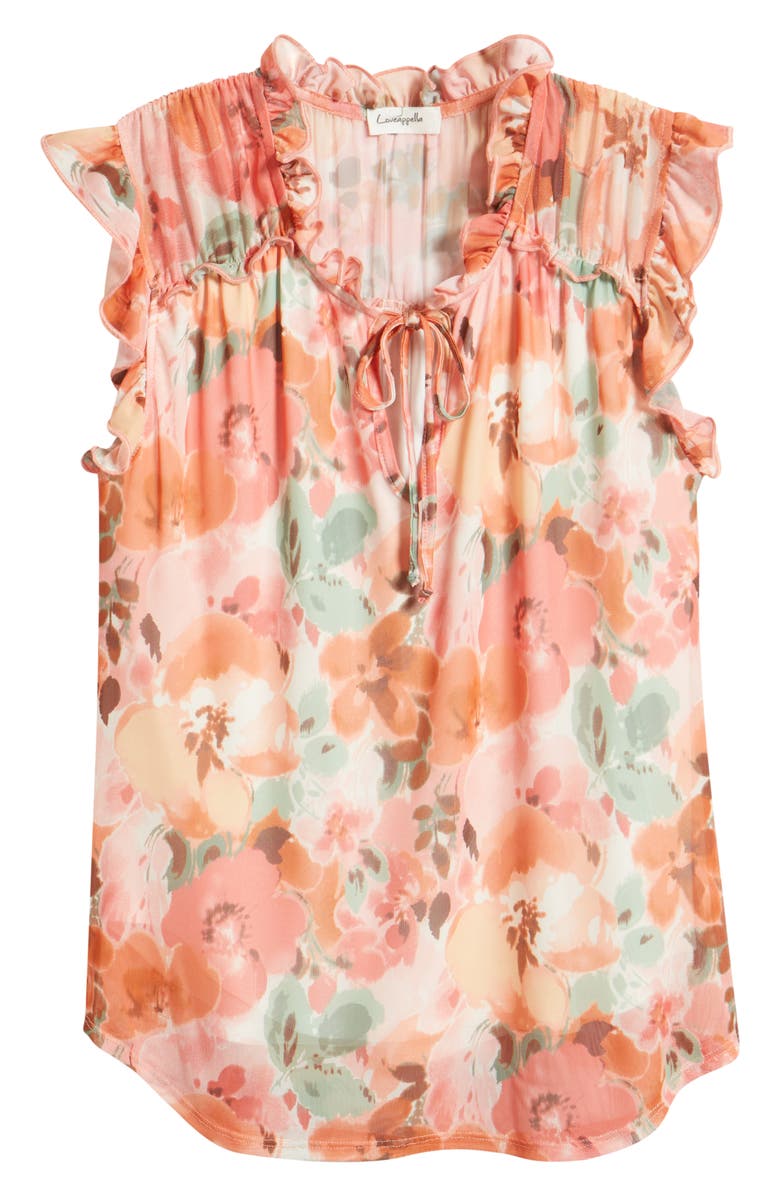 Loveappella Floral Ruffle Trim Split Neck Top, Alternate, color, 