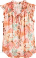 Loveappella Floral Ruffle Trim Split Neck Top
