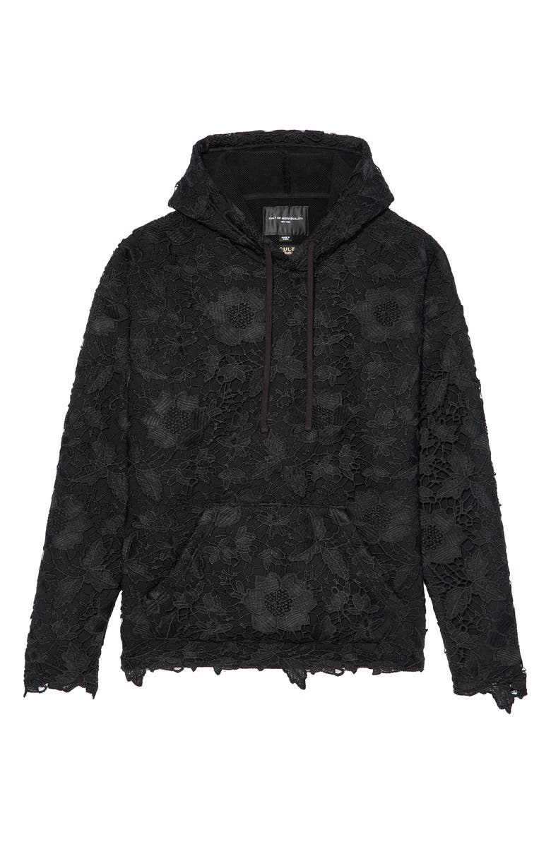 Cult of Individuality Signature Lace Overlay French Terry Pullover Hoodie, Alternate, color, Lace