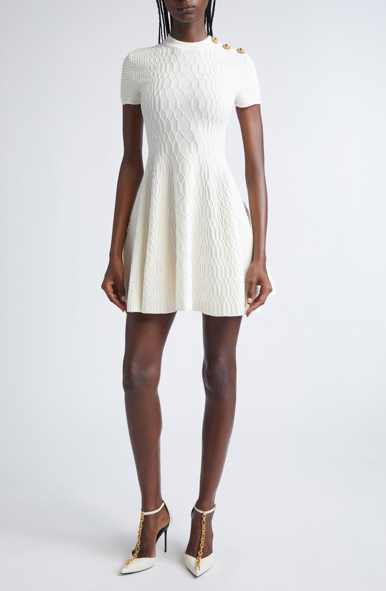 Balmain Croc Textured Short Sleeve Dress, Main, color, Natural