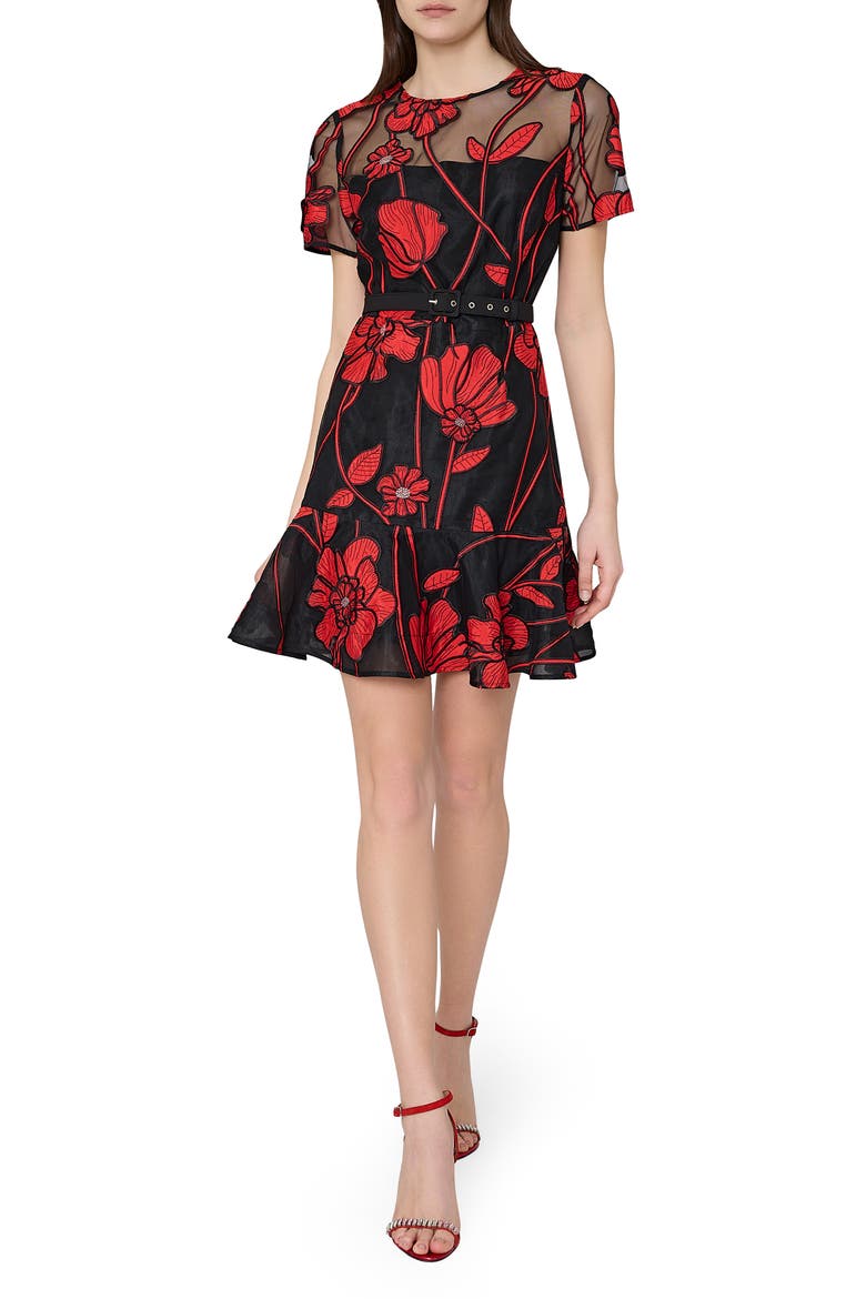 Rosie Grand Fleur Embroidered Dress, Main, color, BLACK/ RED