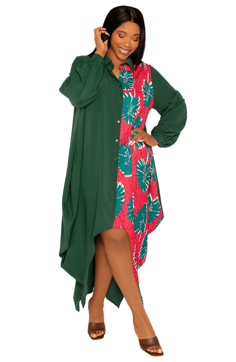 BUXOM COUTURE Solid & Print Long Sleeve Asymmetric Maxi Shirtdress, Alternate, color, Green Multi