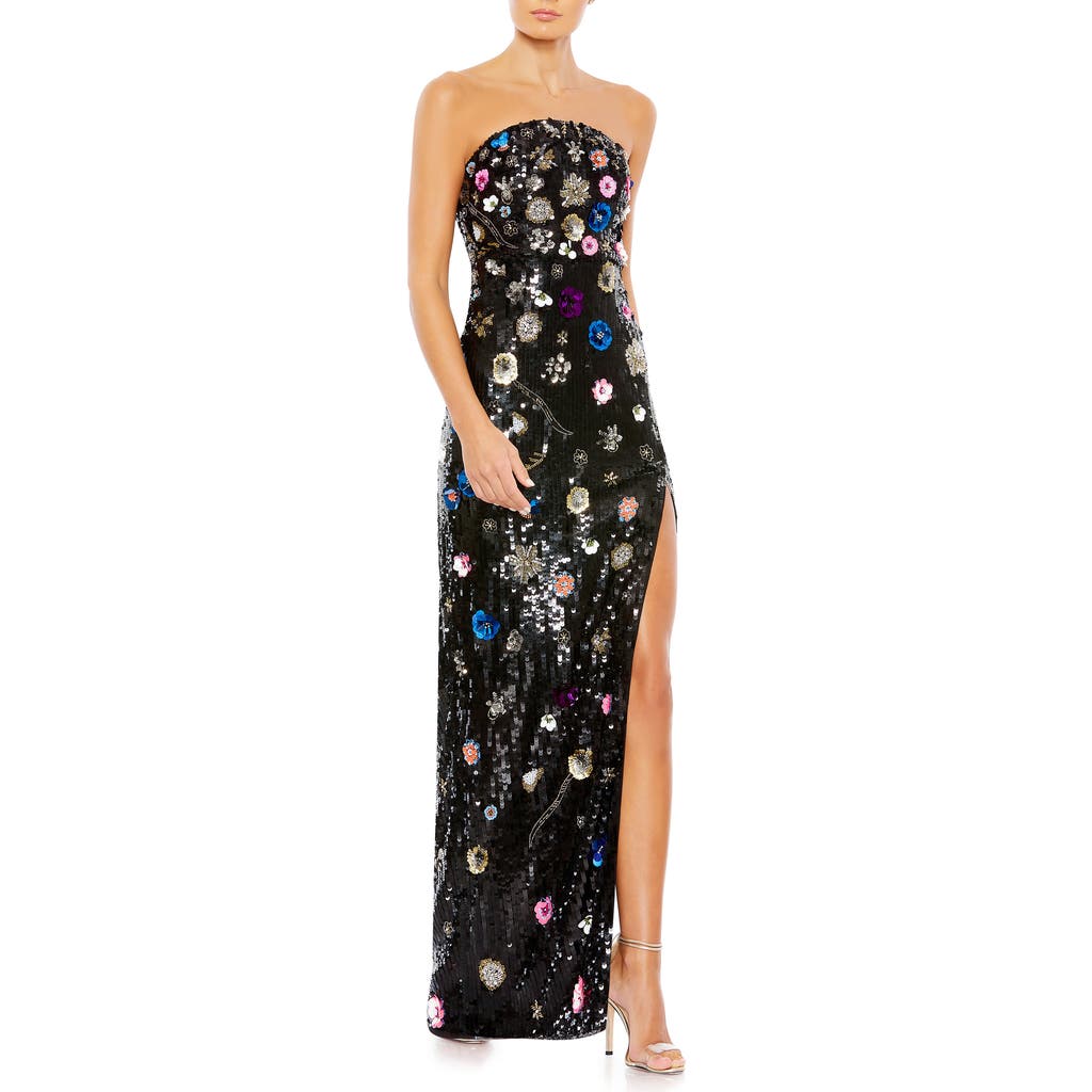 Mac Duggal Floral Sequined Strapless Column Gown in Black Multi at Nordstrom, Size 0