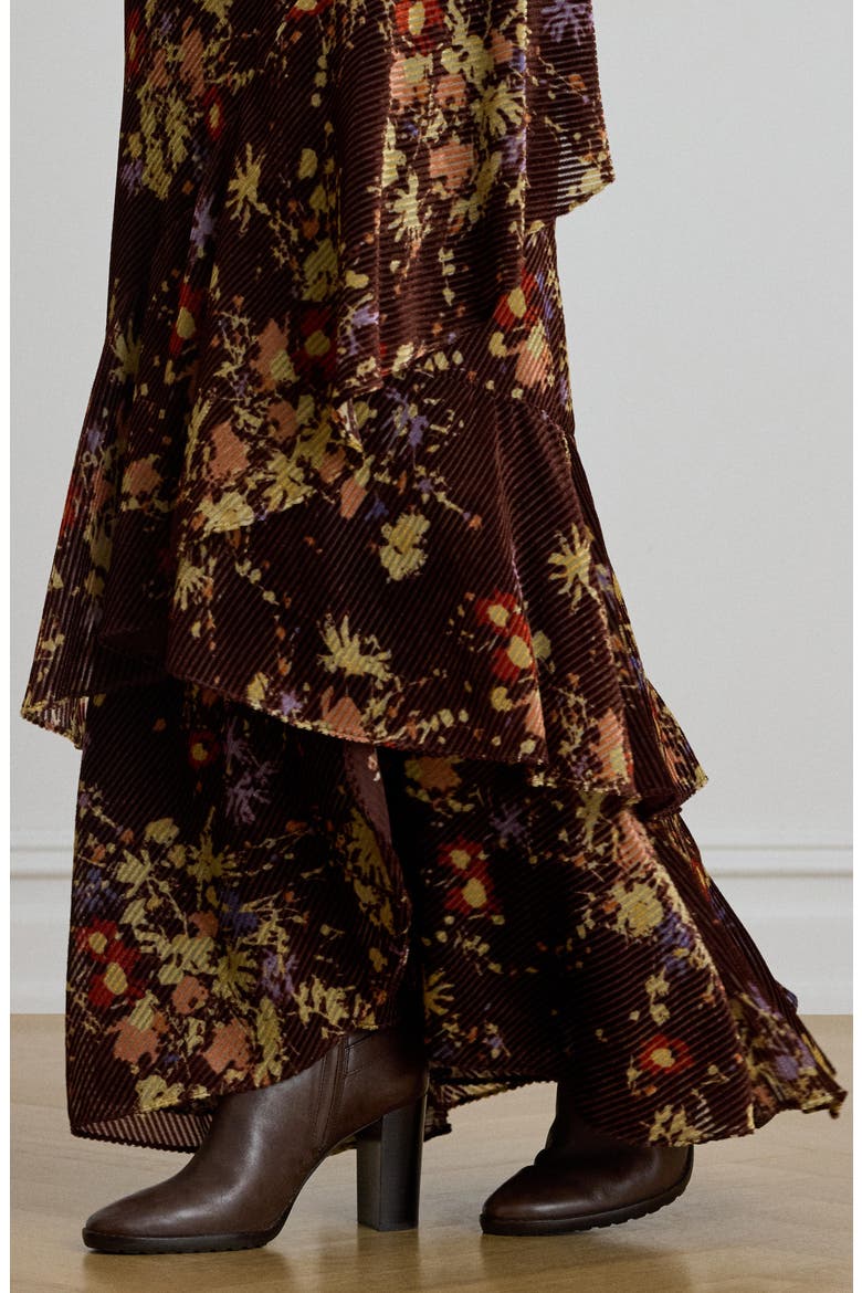 Tiered Floral Velvet Burnout Maxi Skirt, Alternate, color, BROWN/ CREAM/ LAVENDER