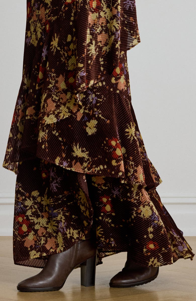 Lauren Ralph Lauren Tiered Floral Velvet Burnout Maxi Skirt, Alternate, color, Brown/ Cream/ Lavender