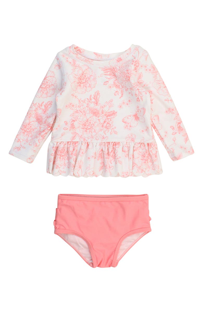 RuffleButts Bubblegum Butterfly Garden Long Sleeve Two-Piece Rashguard Swimsuit, Main, color, Pink
