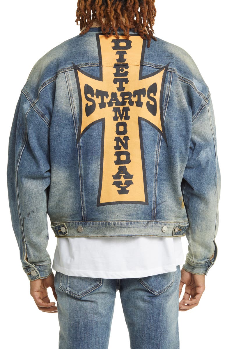DIET STARTS MONDAY Logo Back Denim Trucker Jacket, Alternate, color,