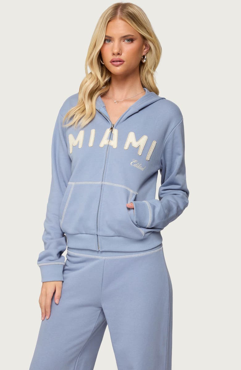 EDIKTED Miami Babe Front Zip Cotton Blend Hoodie, Alternate, color, Blue