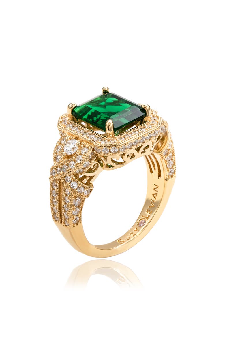 SUZY LEVIAN Emerald Cut Cubic Zirconia Halo Engagement Ring, Alternate, color, Green