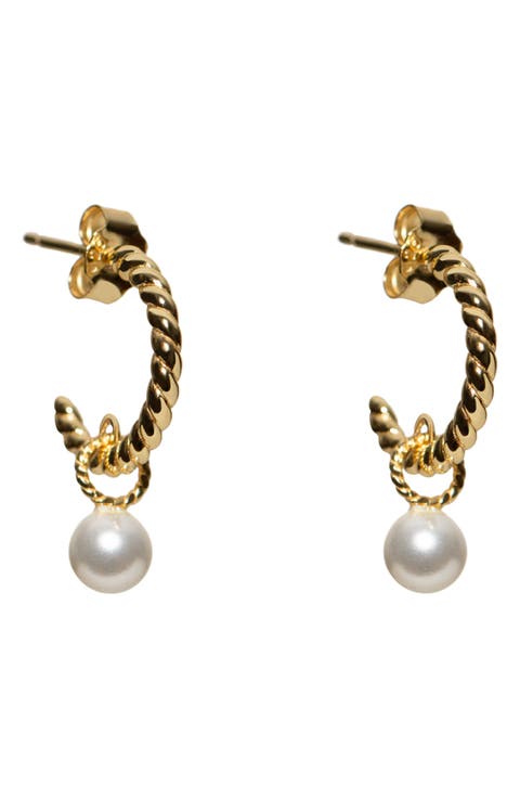 Rope Textured Faux Pearl Drop Huggie Hoop Earrings