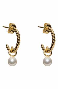 Argento Vivo Sterling Silver Rope Textured Faux Pearl Drop Huggie Hoop Earrings