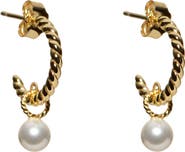 Argento Vivo Sterling Silver Rope Textured Faux Pearl Drop Huggie Hoop Earrings
