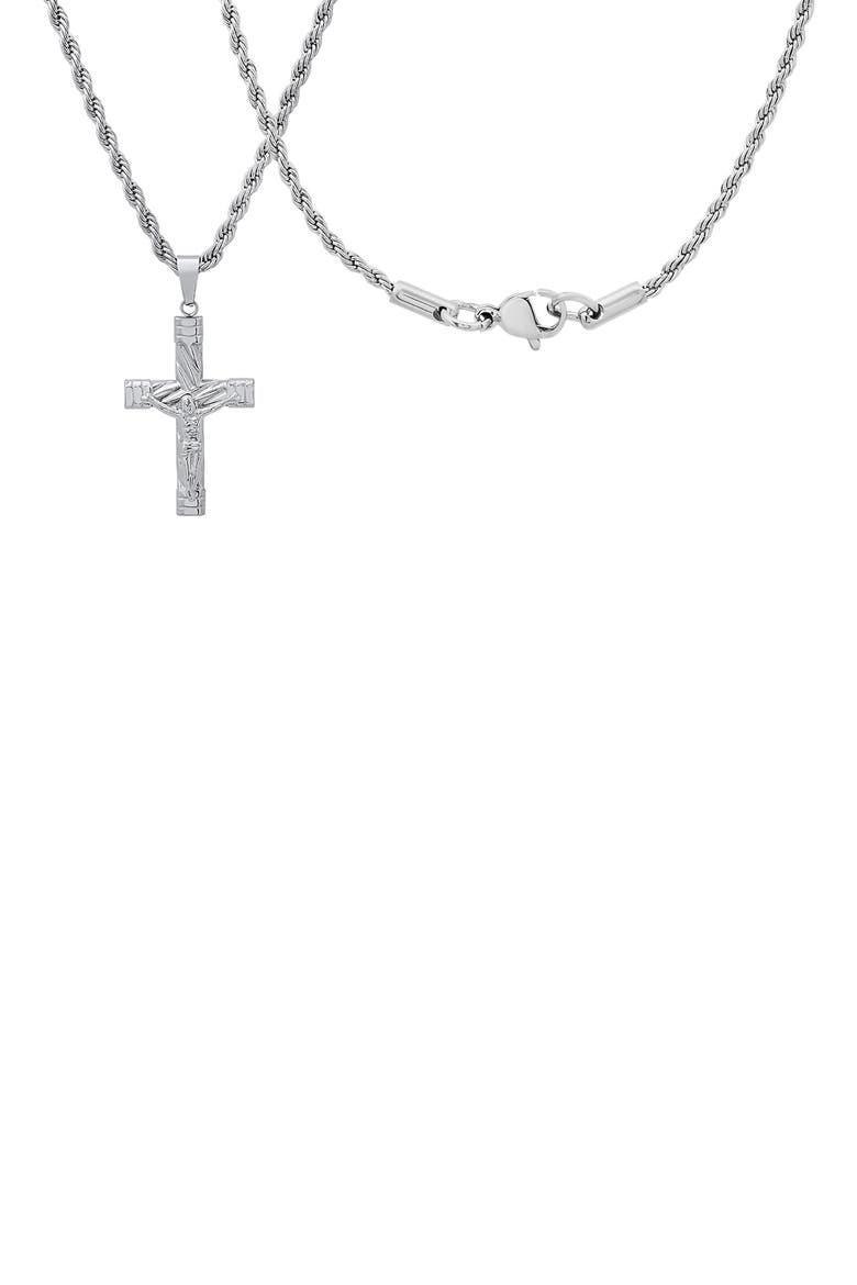 Men's Stainless Steel Rope Chain Crucifix Pendant Necklace, Alternate, color, SILVER