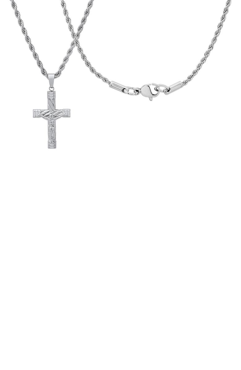 HMY JEWELRY Men's Stainless Steel Rope Chain Crucifix Pendant Necklace, Alternate, color, Silver