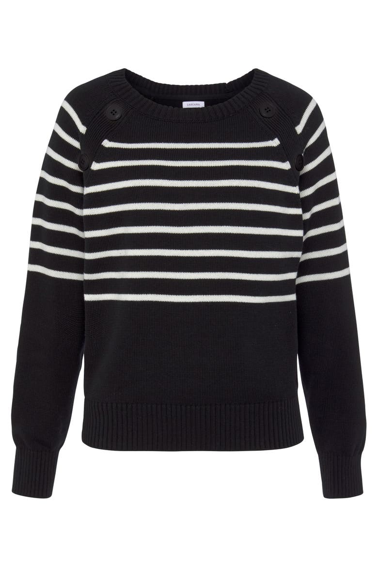 Striped Button Detail Sweater, Alternate, color, Black & White