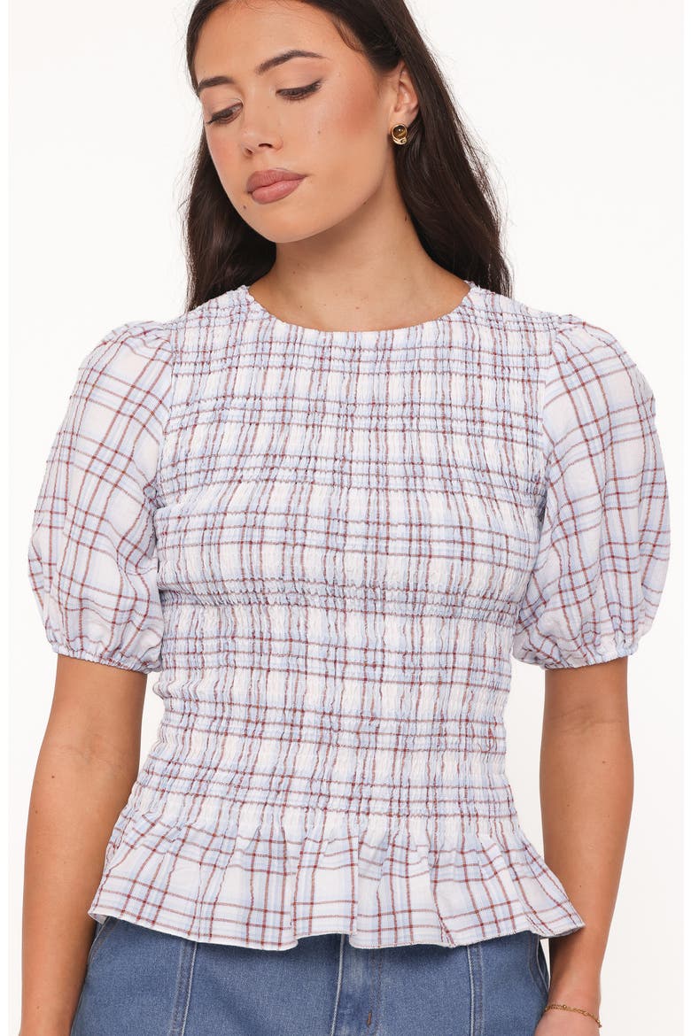Callista Plaid Smocked Puff Sleeve Top, Alternate, color, LIGHT BLUE PLAID