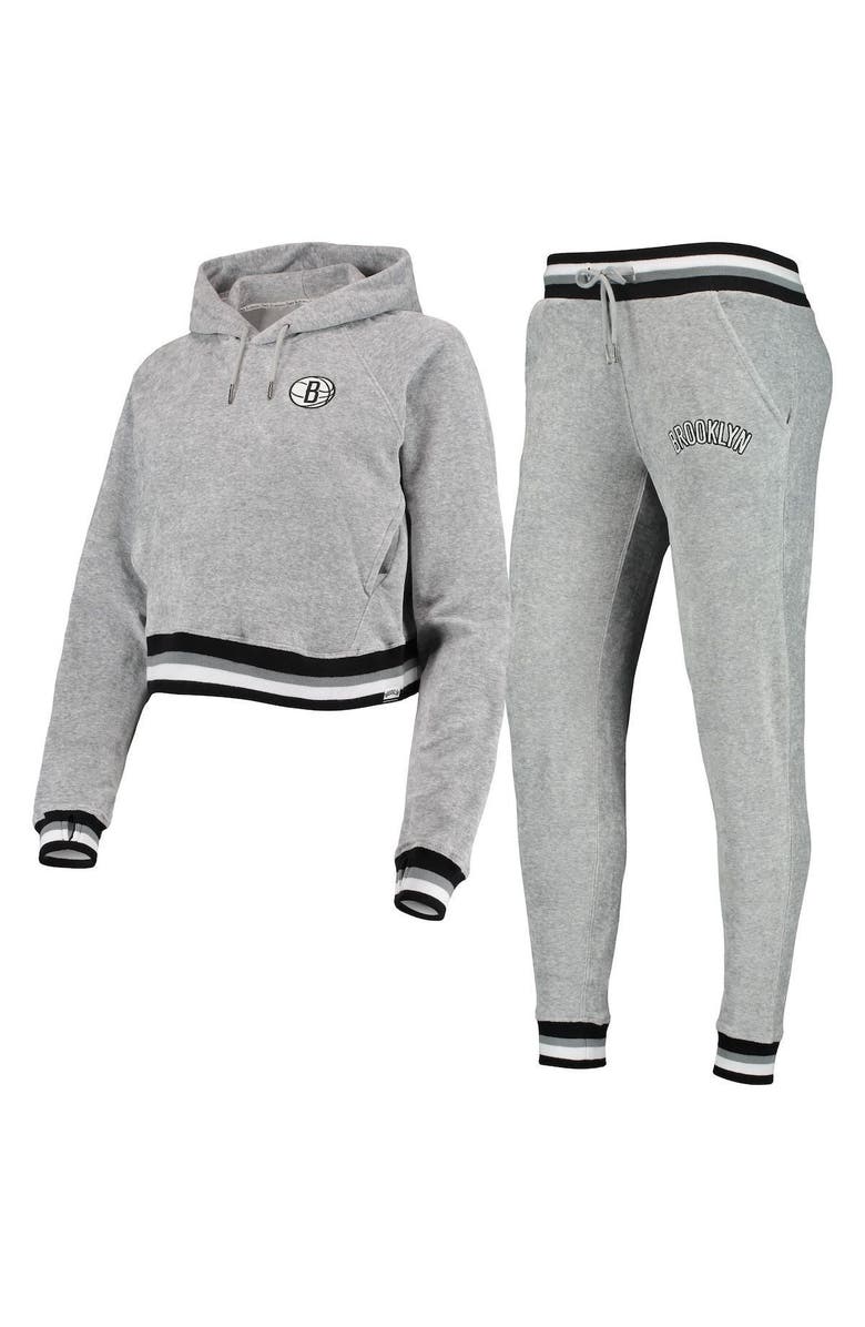 LUSSO Women's Lusso Gray Brooklyn Nets Maisie-Maggie Velour Raglan Pullover Hoodie & Jogger Pants Set, Alternate, color, Gray