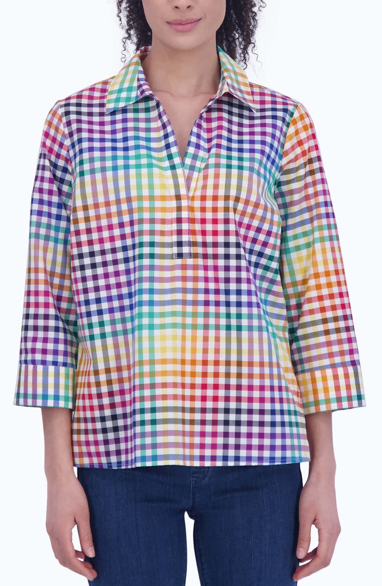 Foxcroft Sophia Rainbow Gingham Cotton Popover Shirt, Main, color, Multi Plaid