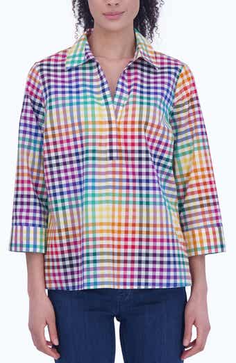 Foxcroft Sophia Rainbow Gingham Cotton Popover Shirt