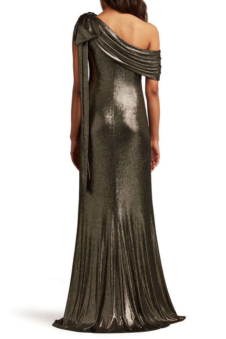 Metallic One-Shoulder Liquid Jersey Gown, Alternate, color, GUNMETAL