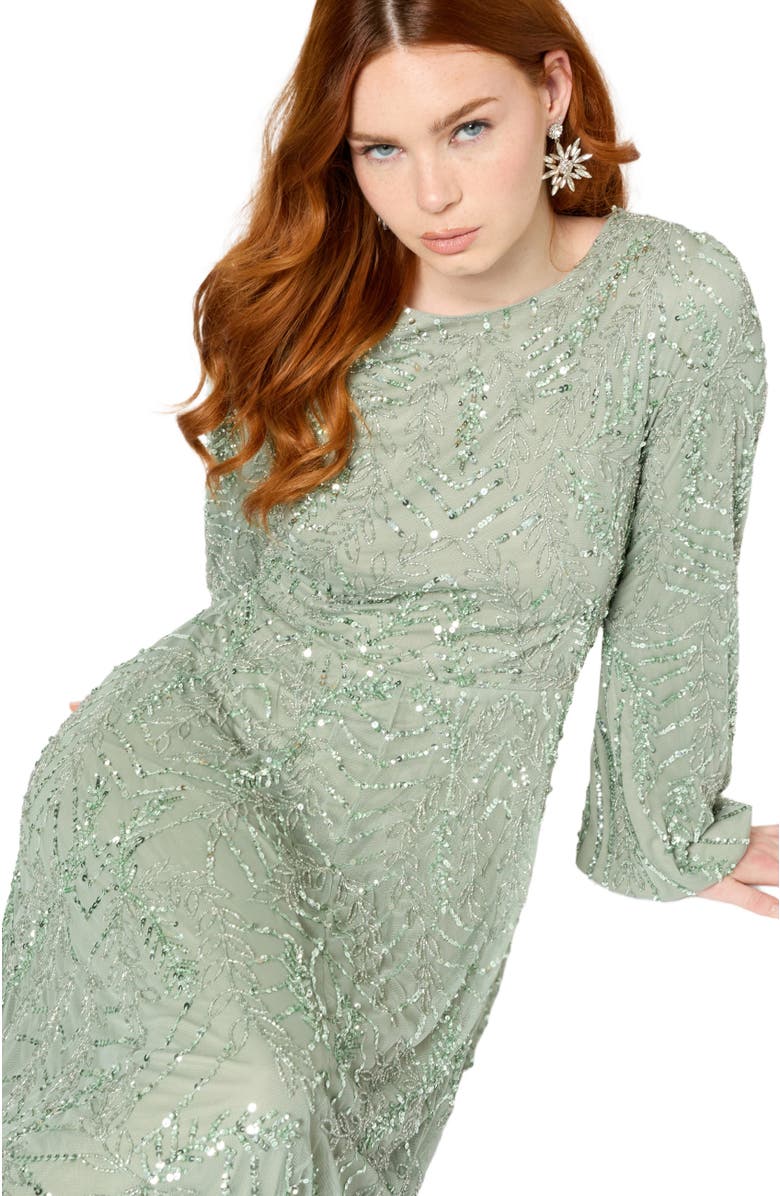 MARYISA Modest Embellished Sequin Beaded Long Maxi Dress, Alternate, color, Sage Green