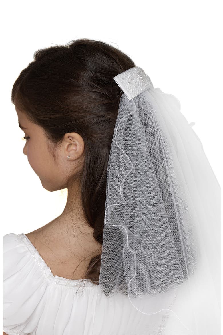 Beaded Hair Clip with Veil, Main, color, NEW WHITE