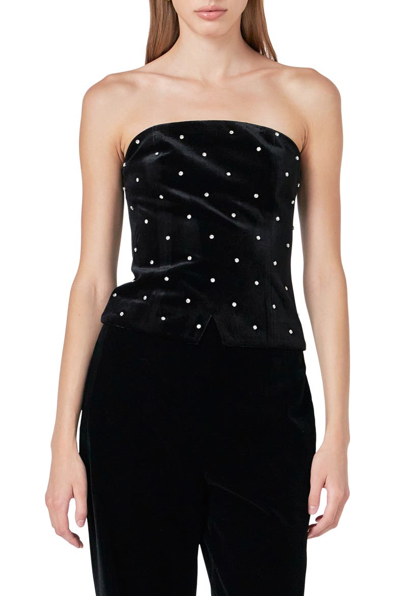 Embellished Strapless Velvet Top, Main, color, BLACK