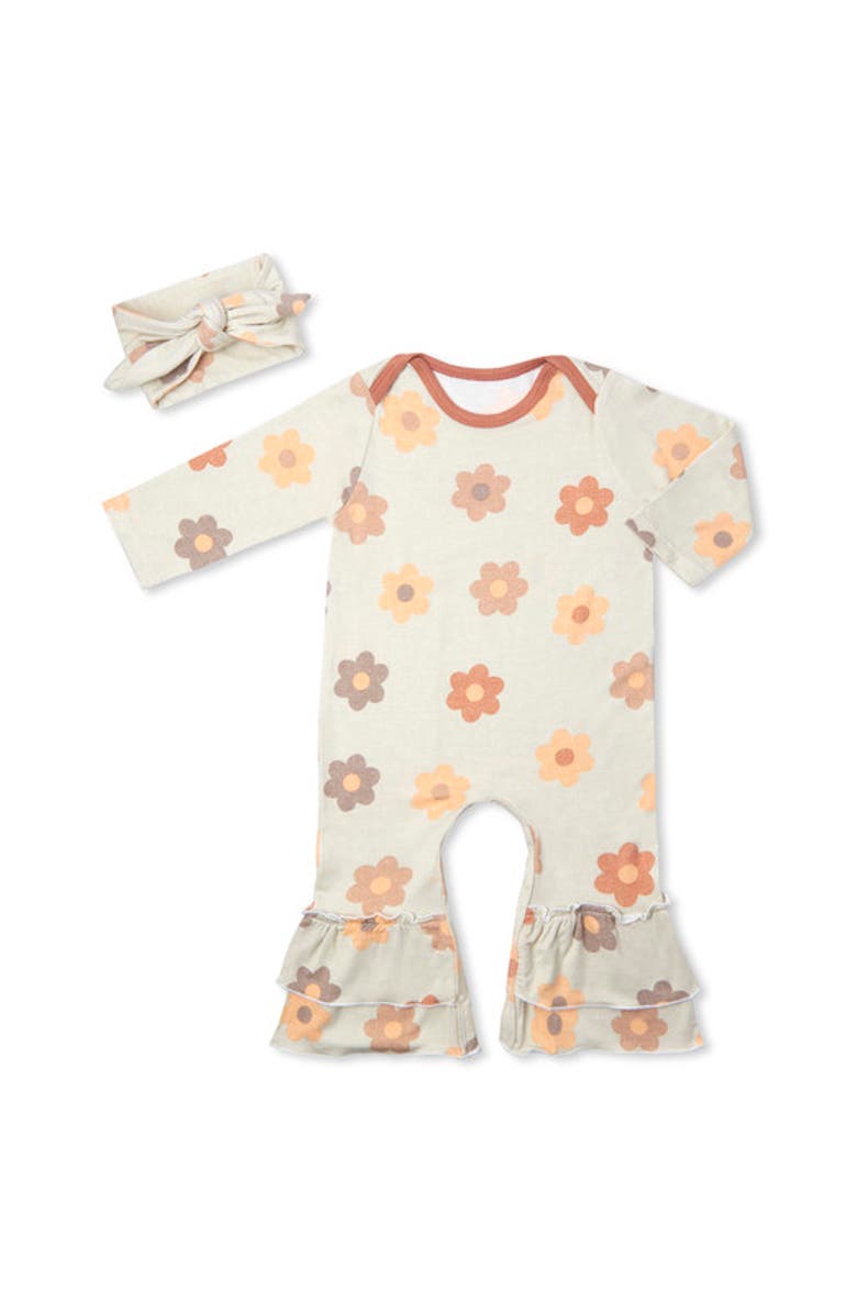 Everly Grey Ruffle Romper & Head Wrap Set, Main, color, Daisies
