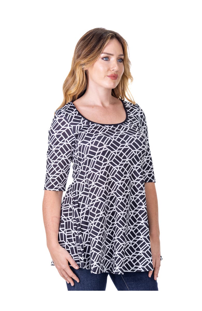 24seven Comfort Apparel Geometric Print Elbow Sleeve Casual Tunic Top, Alternate, color, Black Multi