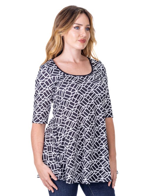 24seven Comfort Apparel Geometric Print Elbow Sleeve Casual Tunic Top In Gray