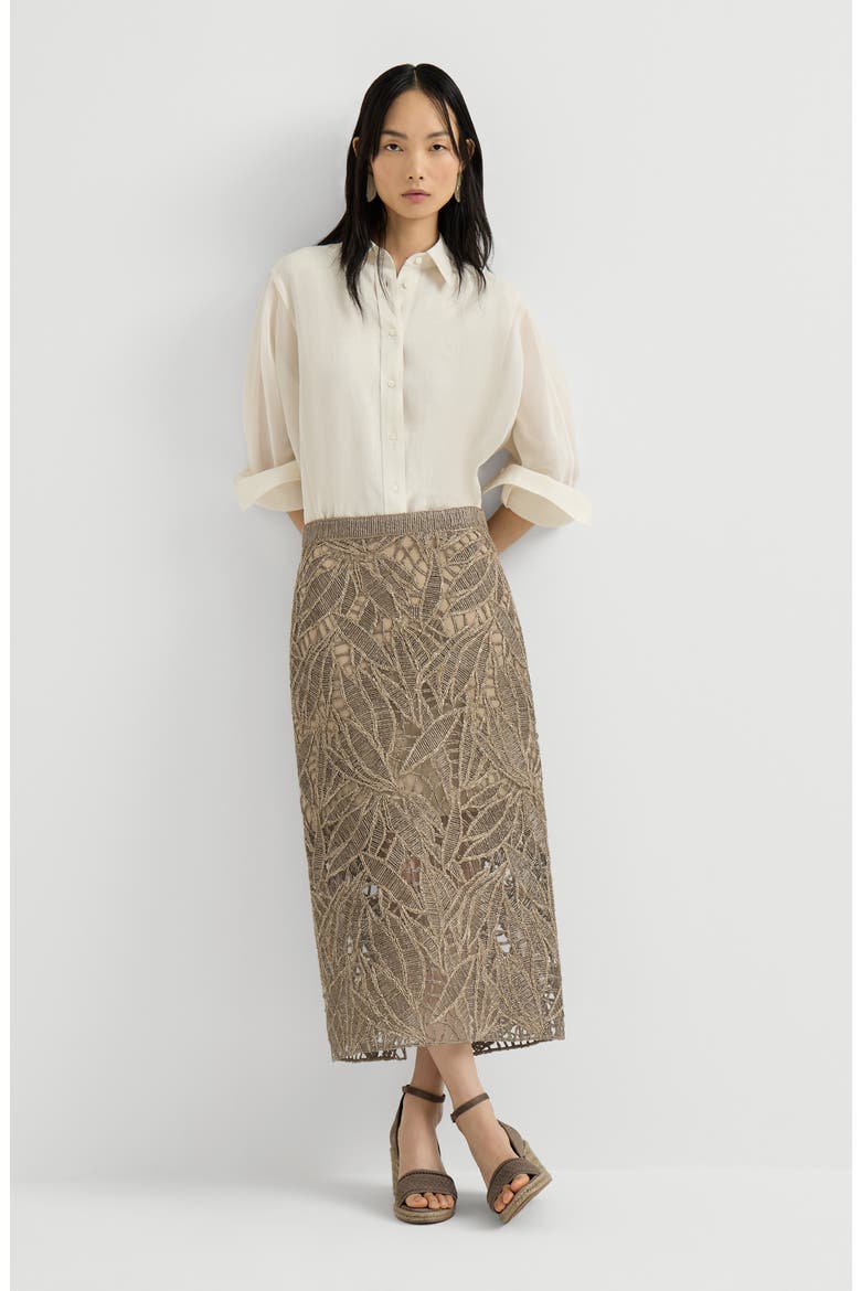 Linen and cotton dazzling cacao leaves embroidery skirt, Alternate, color, Rope