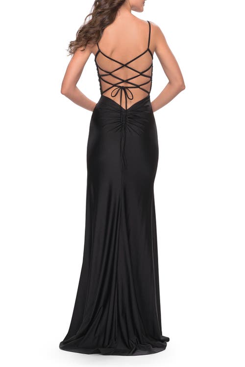 La Femme Cut Out Jersey Dress With High Slit In Black