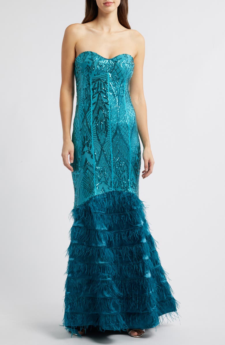 bebe Sequin Feather Trim Strapless Gown, Main, color, Teal