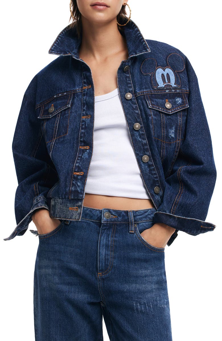 Desigual Mickey Mouse Metallic Graphic Denim Trucker Jacket, Main, color,