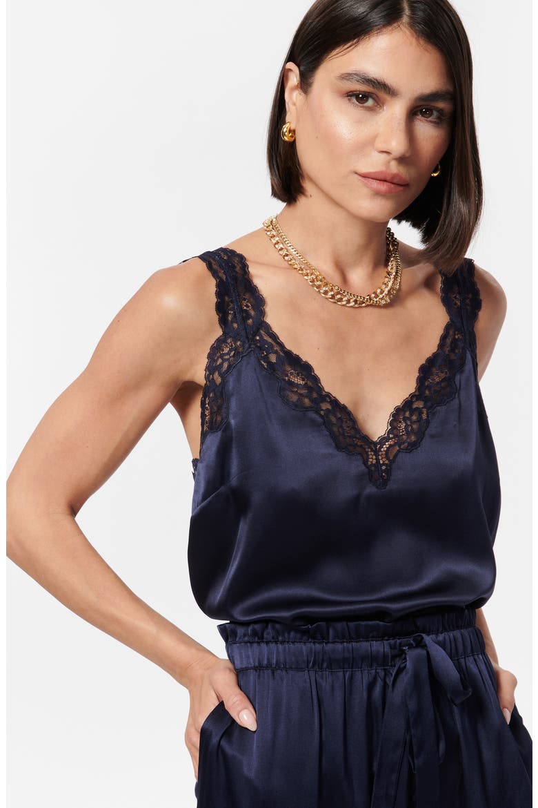 Fernanda Lace Trim Silk Charmeuse Tank, Alternate, color, NAVY